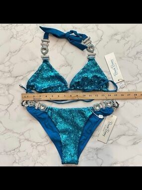 Beach Bunny Turquoise Sequin Bikini with Sparkle Crystals Detail. Sz XL NWT